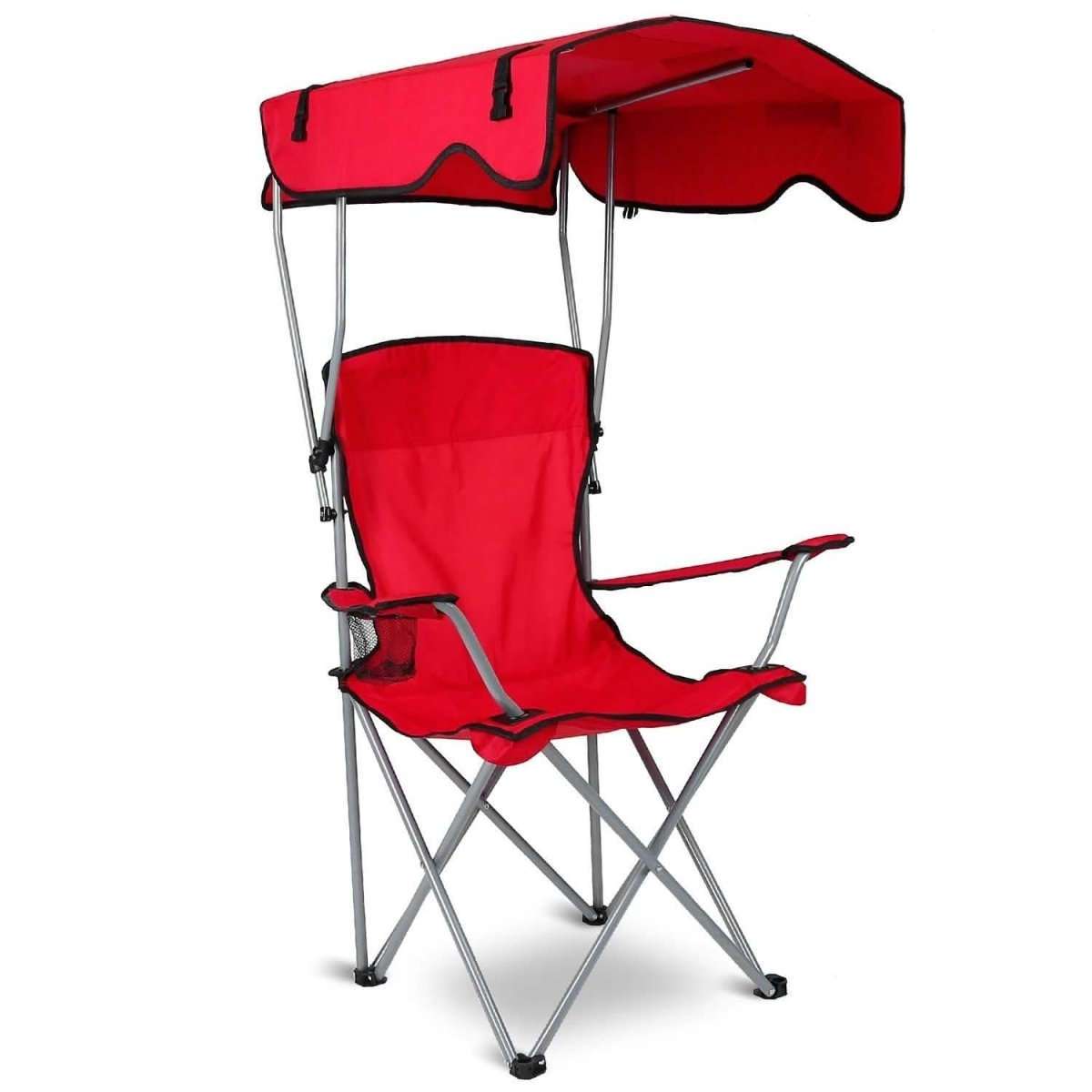 Red foldable beach chair with sun canopy and cup holder, padded back and seat