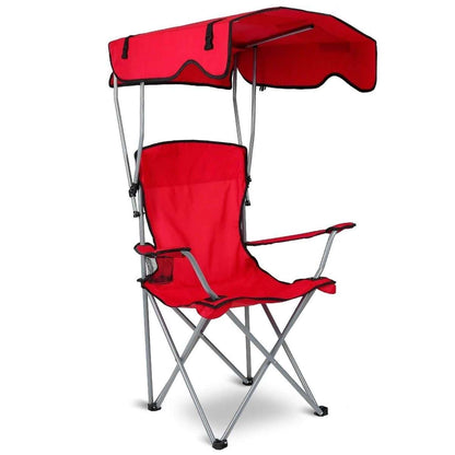 Red foldable beach chair with sun canopy and cup holder, padded back and seat