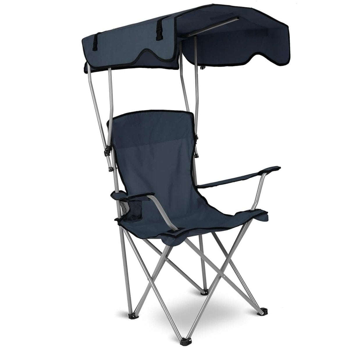 Navy foldable beach chair with sun canopy and cup holder, padded back and seat