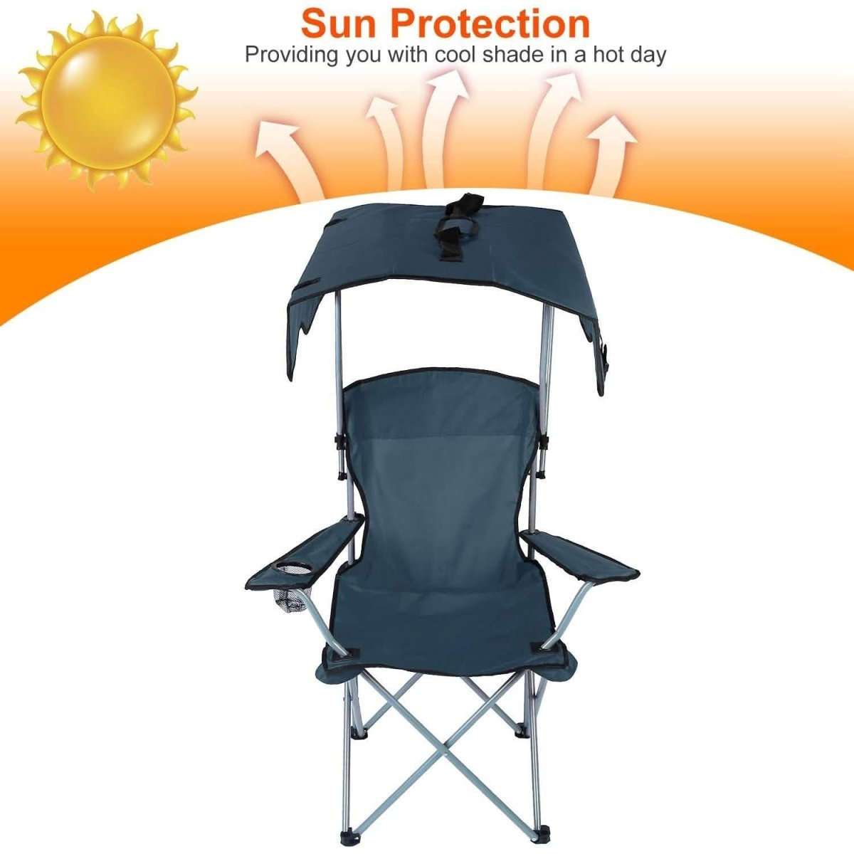 Navy foldable beach chair with sun canopy and cup holder, padded seat and backrest