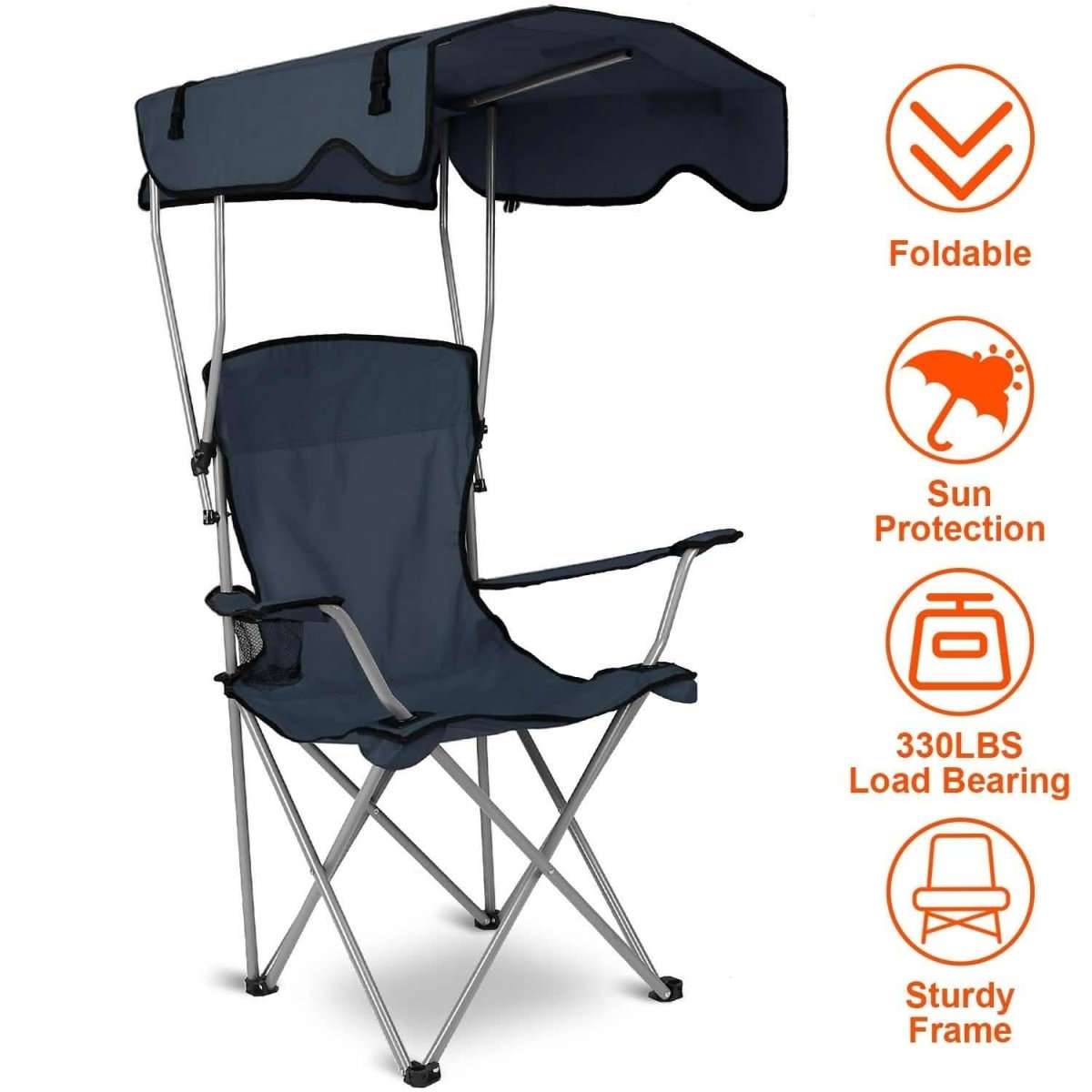 Foldable navy beach canopy chair with cup holder, padded seat and armrests.