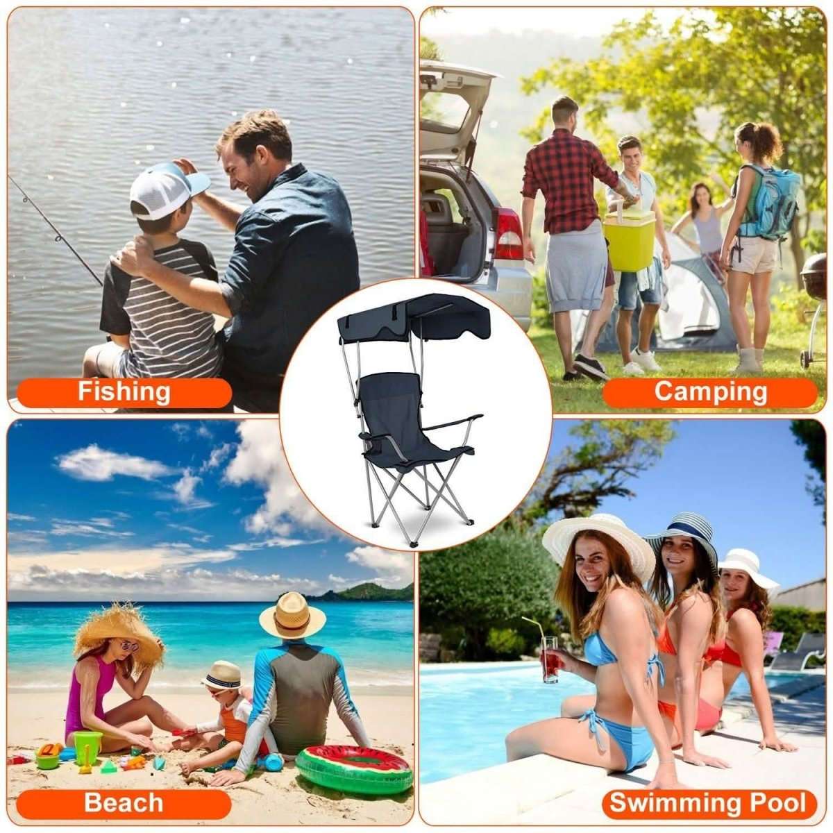 Foldable beach chair with sun canopy, arm cup holder, and padded seat and backrest