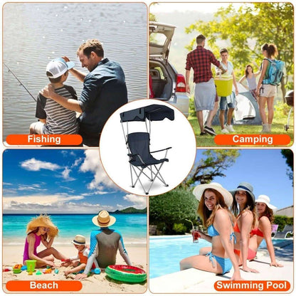 Foldable beach chair with sun canopy, arm cup holder, and padded seat and backrest