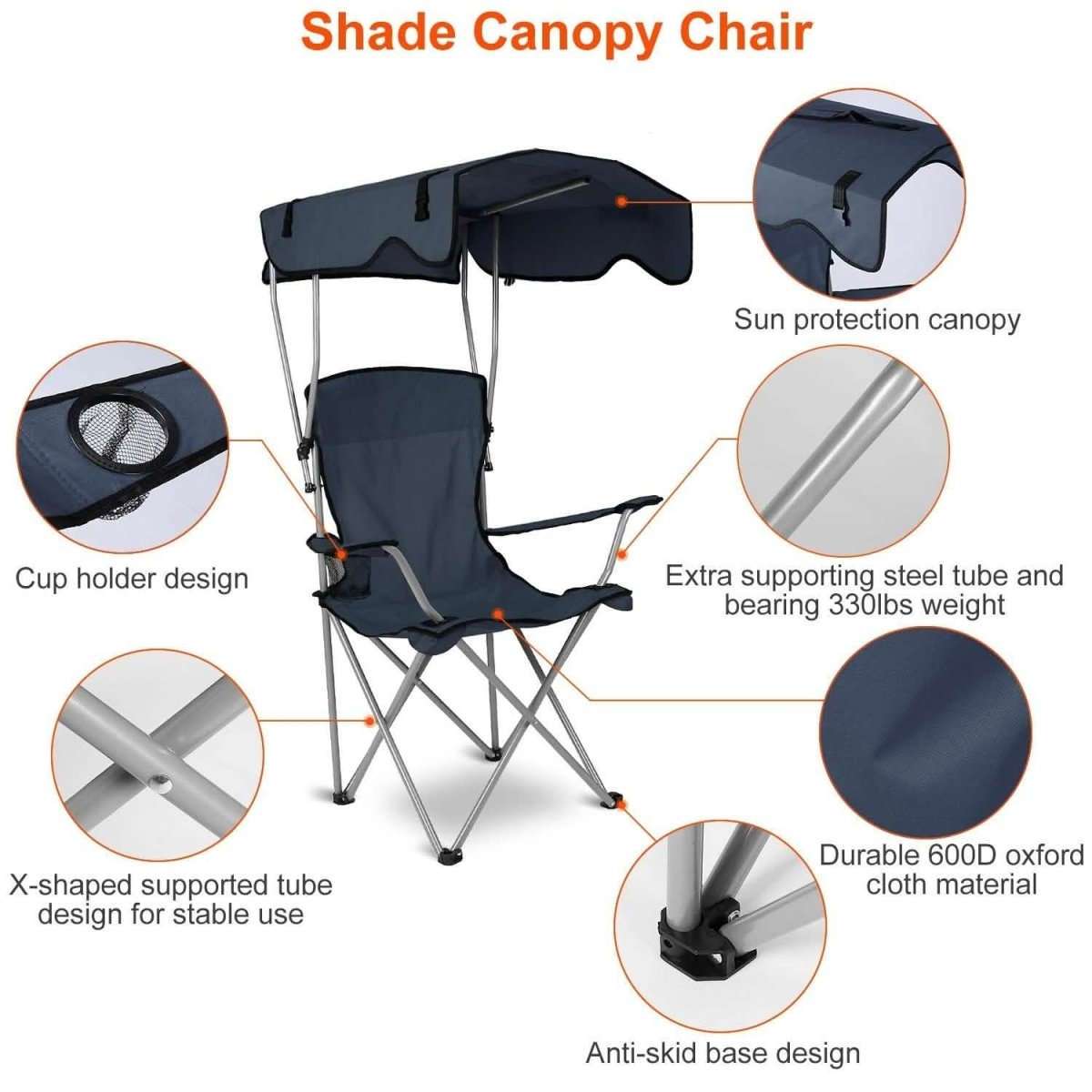 Navy foldable beach canopy chair with cup holder, side mesh pocket, anti-slip feet.