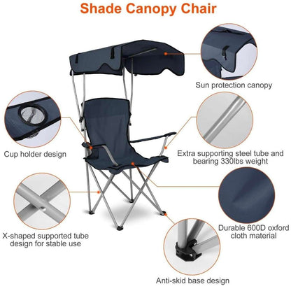 Navy foldable beach canopy chair with cup holder, side mesh pocket, anti-slip feet.