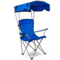 Blue foldable beach chair with sun canopy and cup holder, padded back and seat
