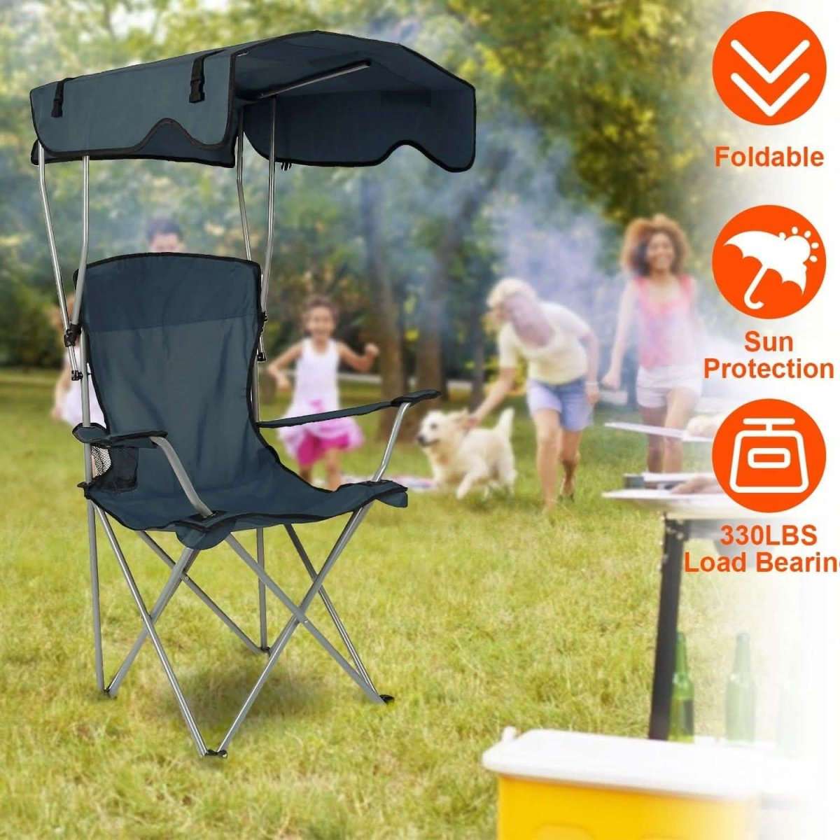 Folding beach canopy chair in dark navy with extended sun shade and cup holder tray