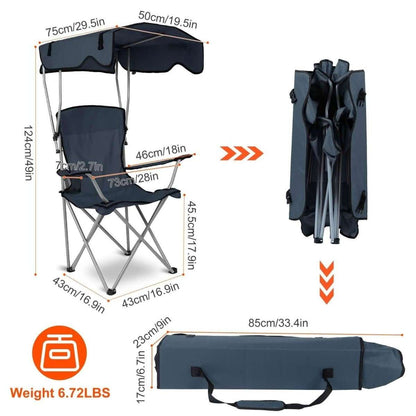 Foldable navy beach canopy chair in carry bag, with steel X-frame.