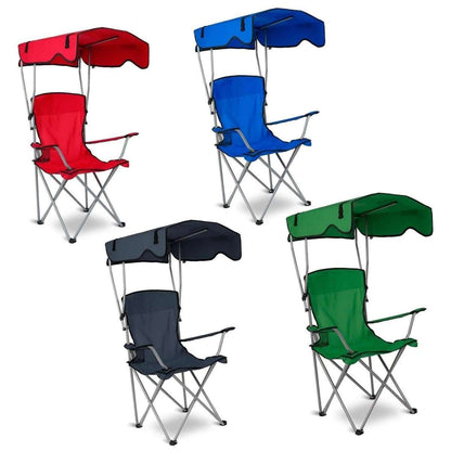 Folding beach chairs with sun canopies in red, blue, navy, and green, cup holder arms