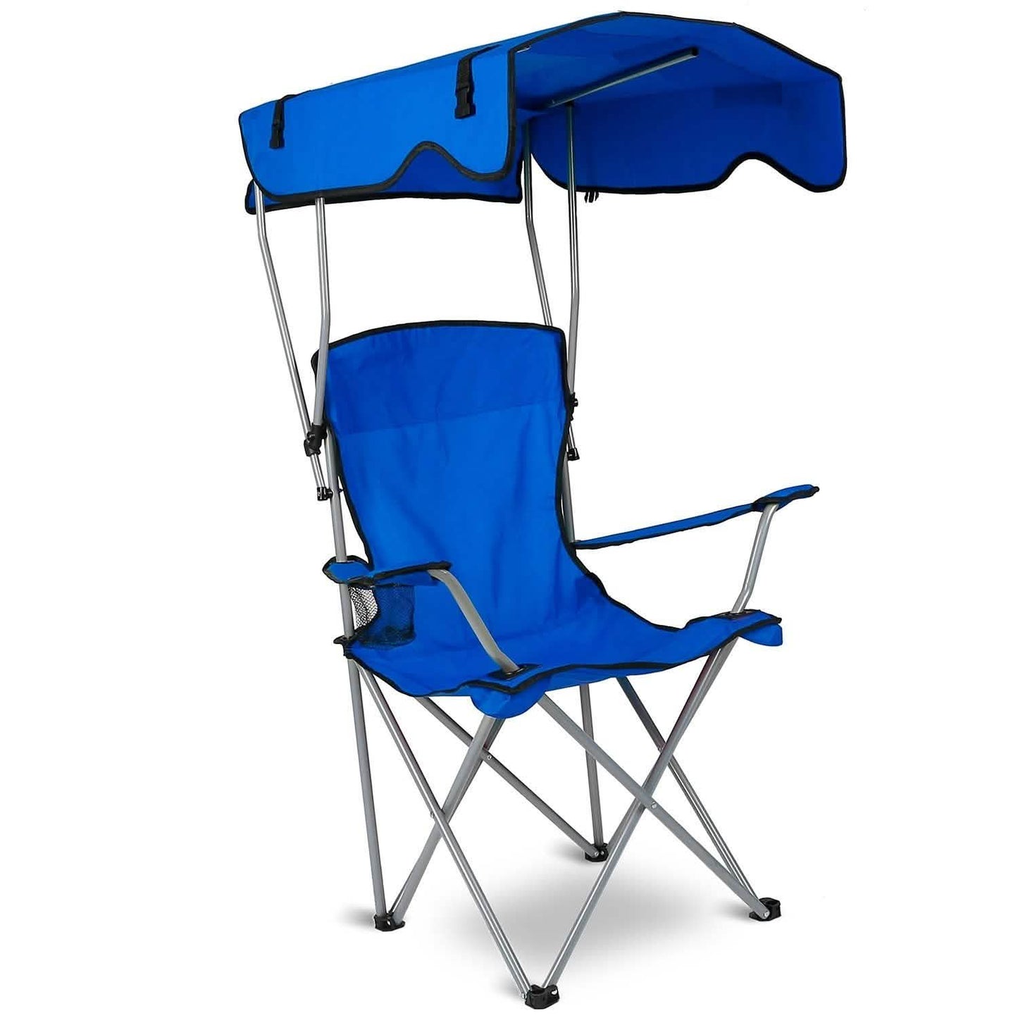 Blue foldable canopy chair with padded seat, armrests, and side sun panels