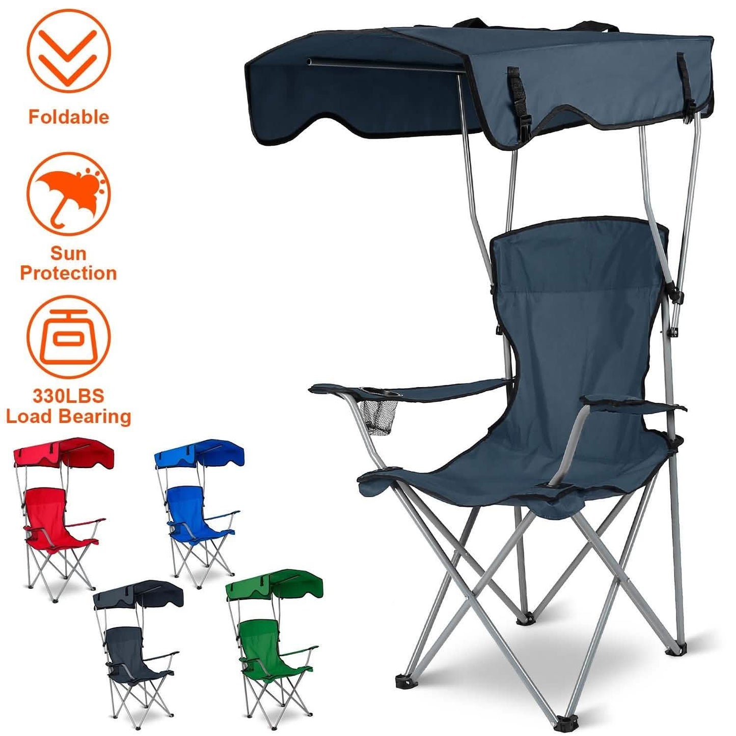 Navy foldable canopy chair with padded seat and adjustable armrests