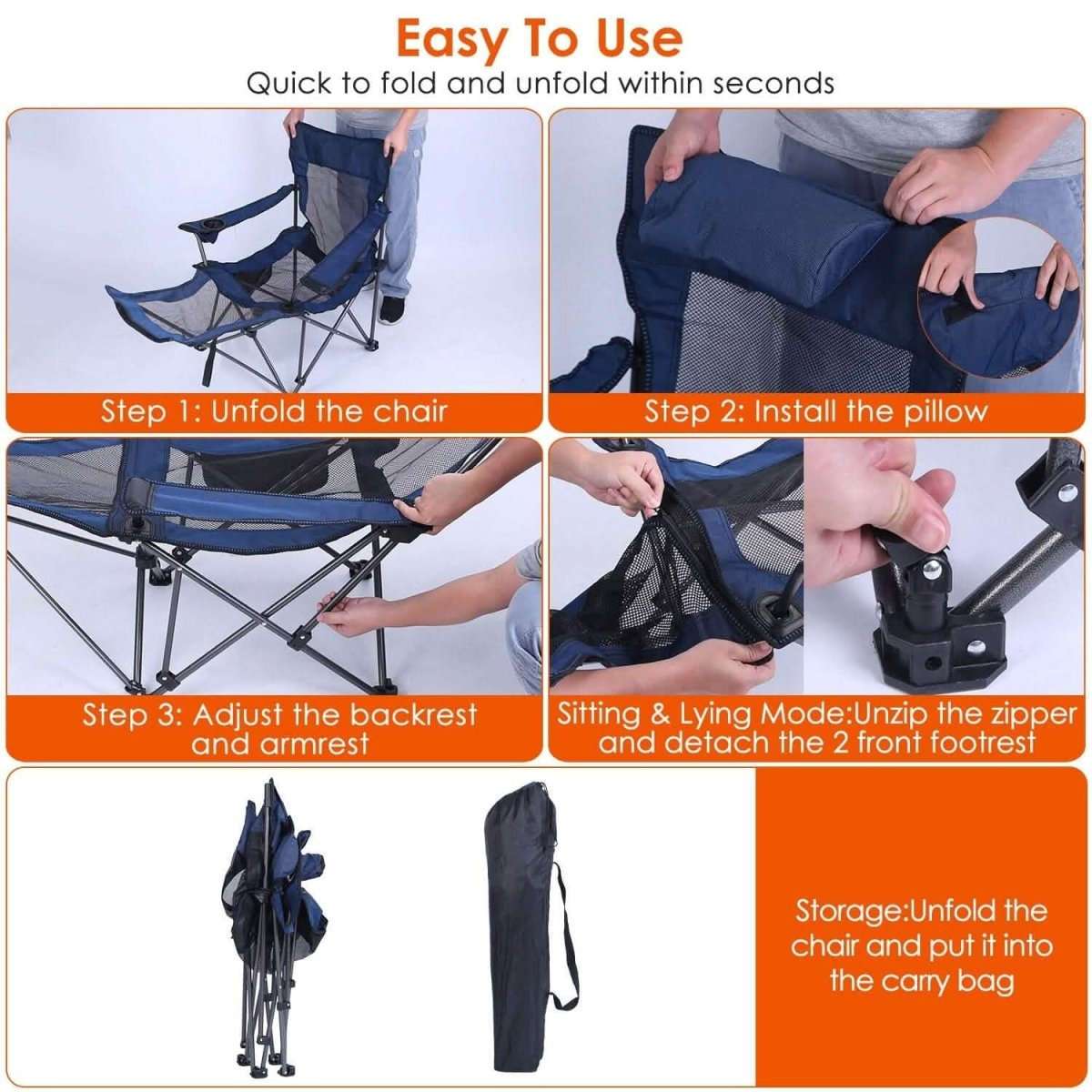 Foldable camping chair with dark blue fabric and padded headrest