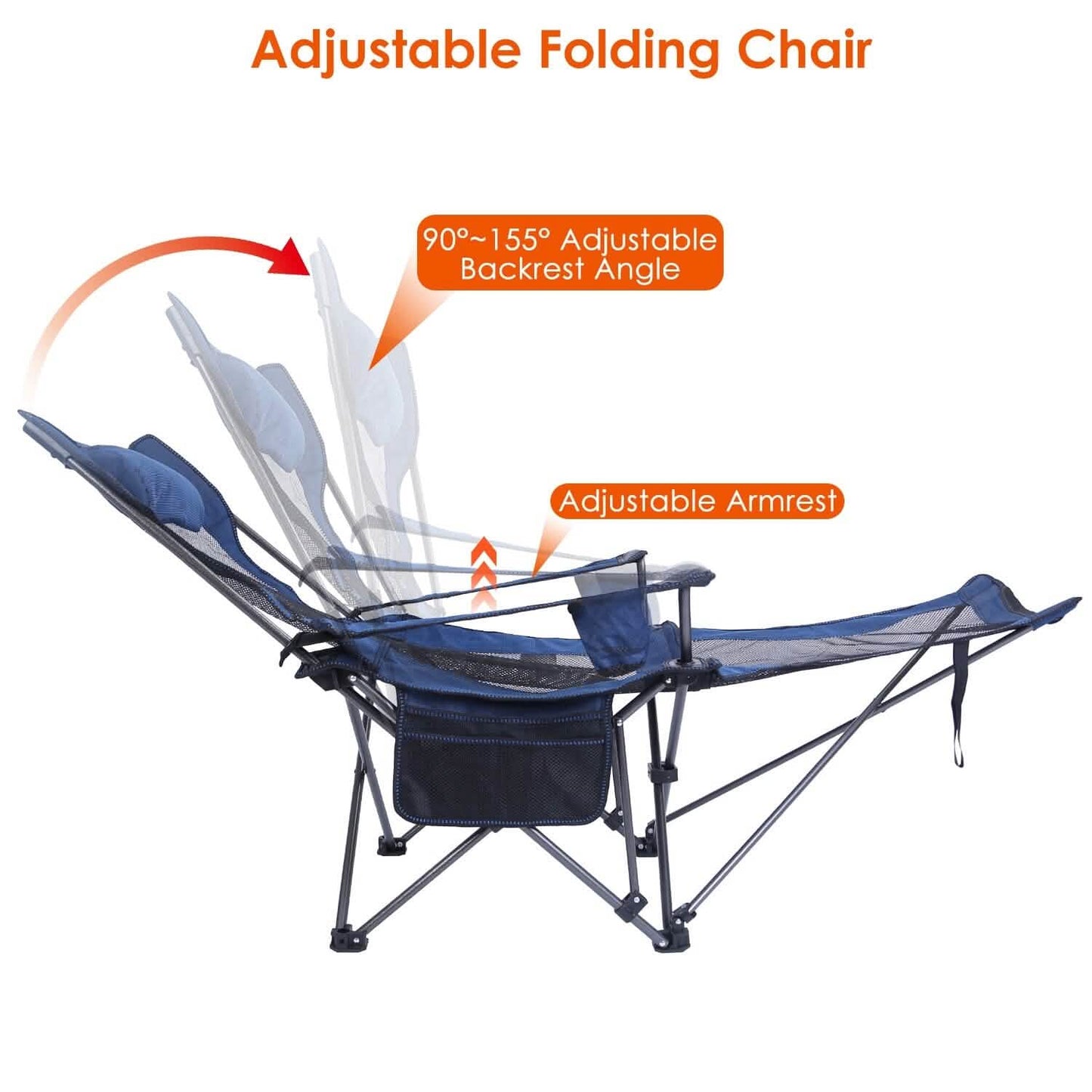 Adjustable reclining folding chair with padded armrests and headrest, dark blue