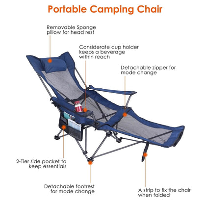 Foldable camping chair with removable head pillow, cup holder, detachable footrest, blue frame