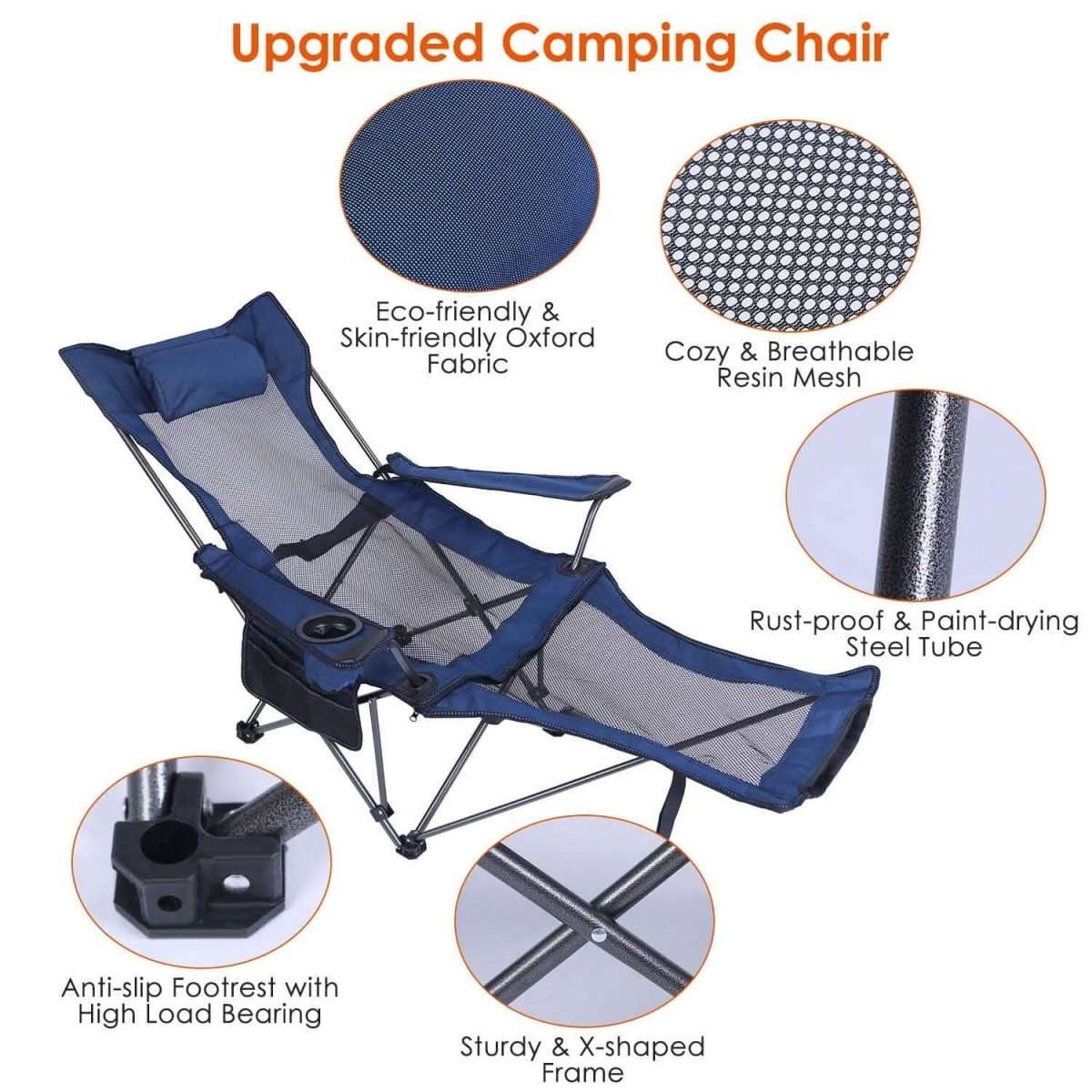 Camping chair with navy blue fabric, mesh seat, and side cup holder tray