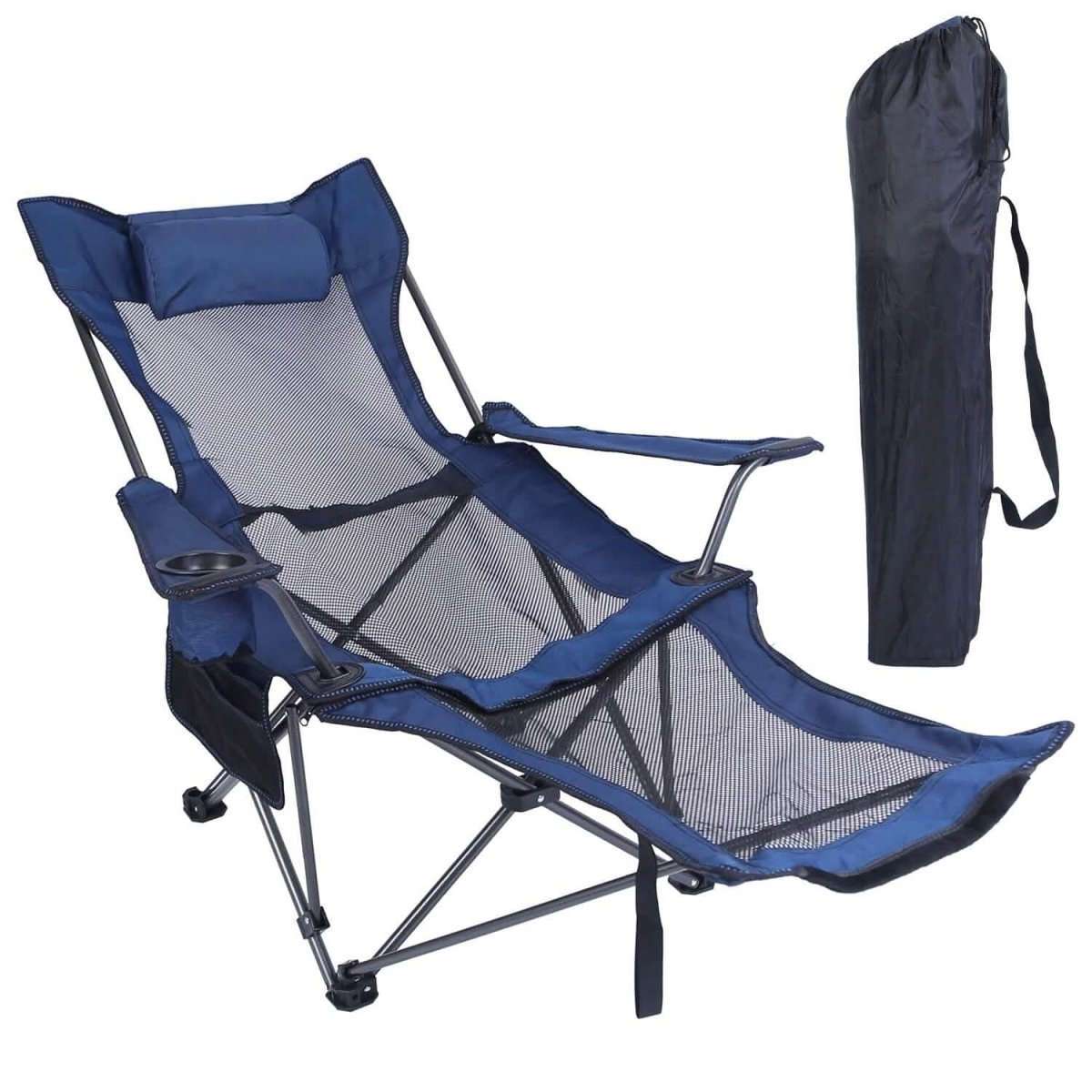 Reclining camping chair in dark blue with mesh seat and padded headrest
