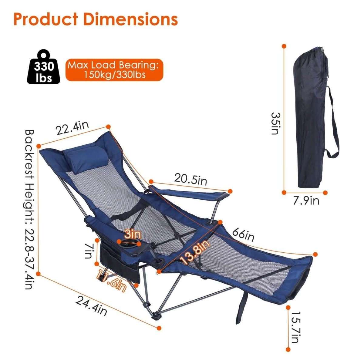 Folding camping chair with dark blue mesh seat and padded headrest; includes carry bag