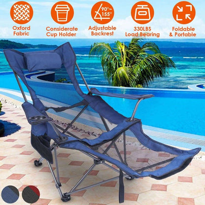 Blue folding camping chair with padded headrest, mesh seat, armrests, and footrest