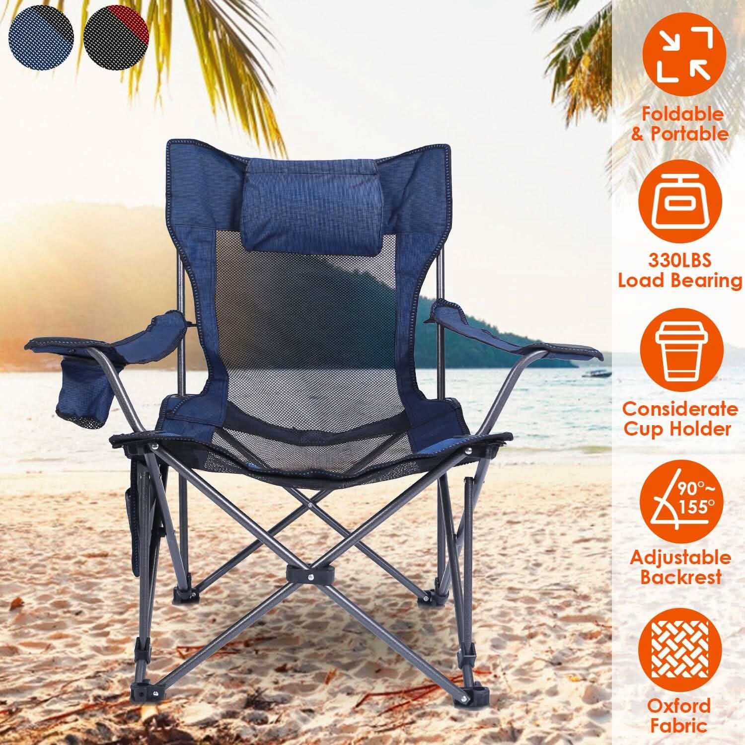 Foldable camping chair in dark blue with padded headrest and armrests