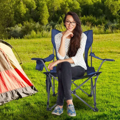 Foldable camping chair with navy blue mesh seat and padded backrest/headrest