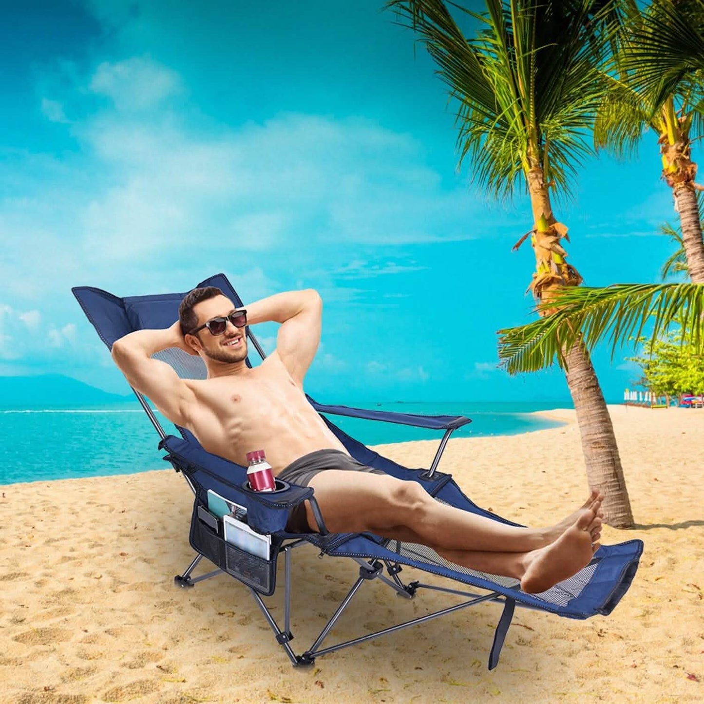 Reclining foldable camping chair with blue fabric cushions and black metal legs