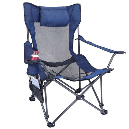 Camping chair in dark blue with mesh seat, armrests, and cup holder pocket