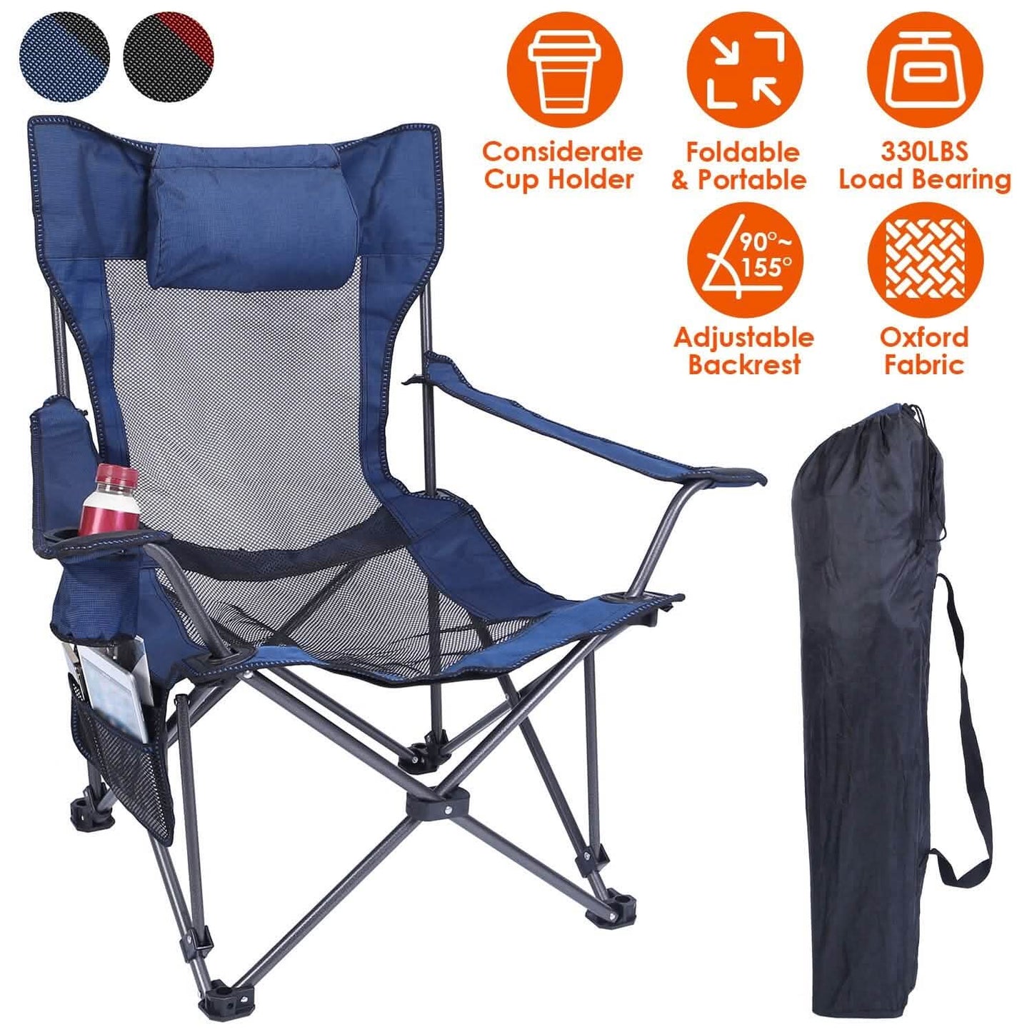 Foldable camping chair with blue mesh seat, reclined backrest, cup holder, carrying bag
