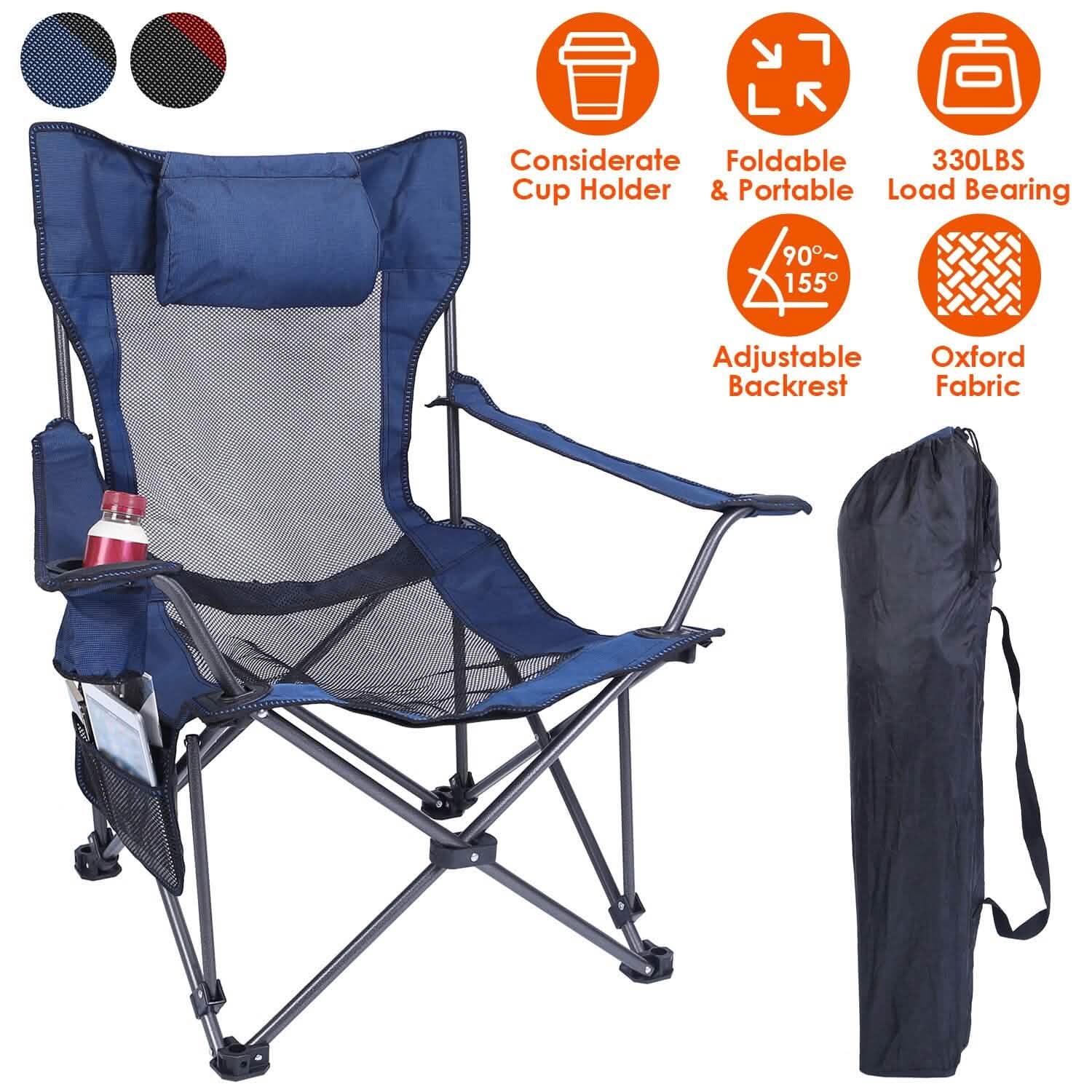 Foldable camping chair with blue mesh seat, reclined backrest, cup holder, carrying bag