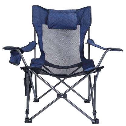 Folding camping chair in dark blue with padded headrest and mesh seat
