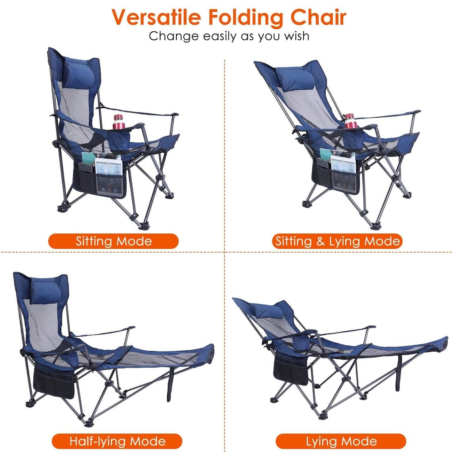 Folding camping chair shown in sitting and lying positions, dark blue