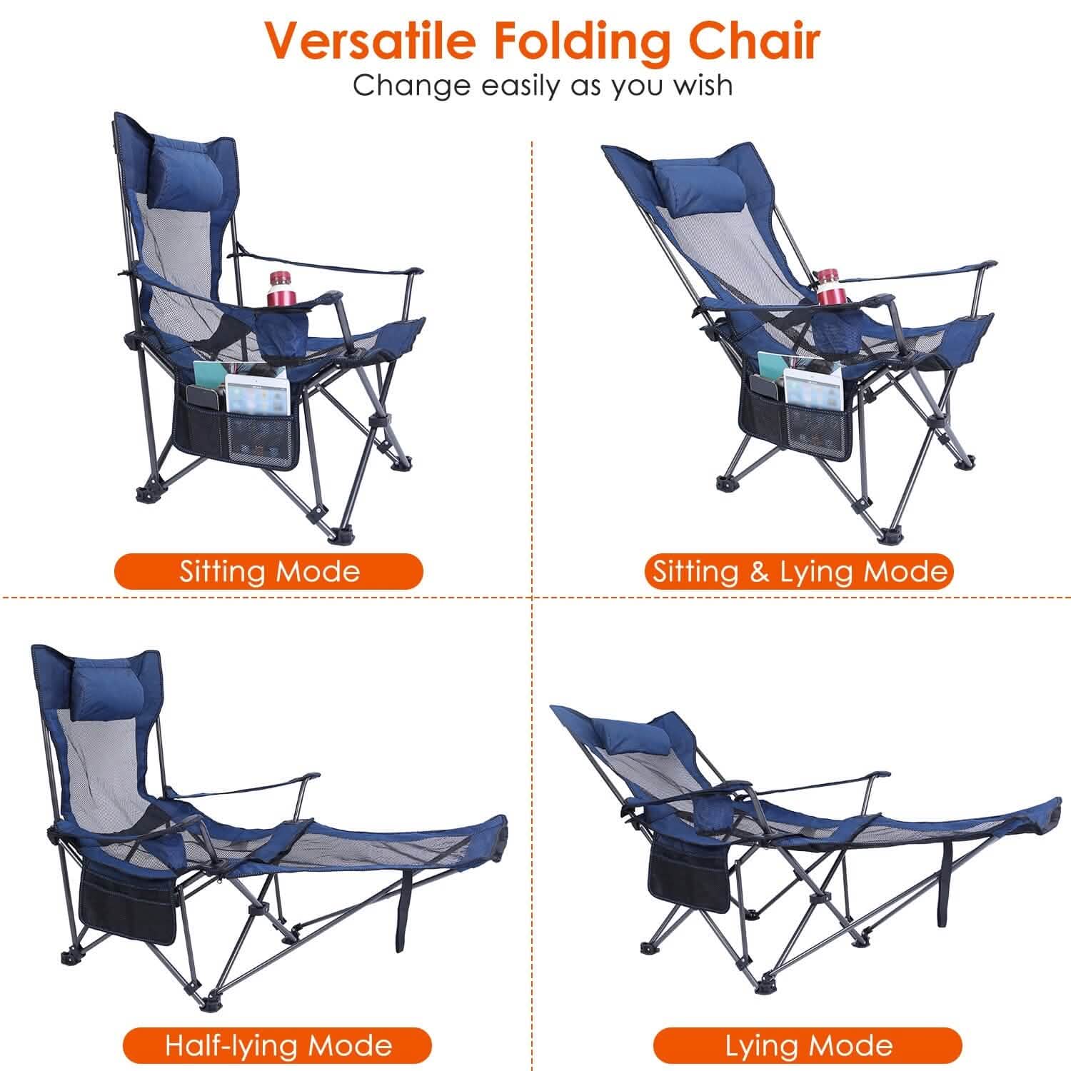 Folding camping chair shown in sitting and lying positions, dark blue