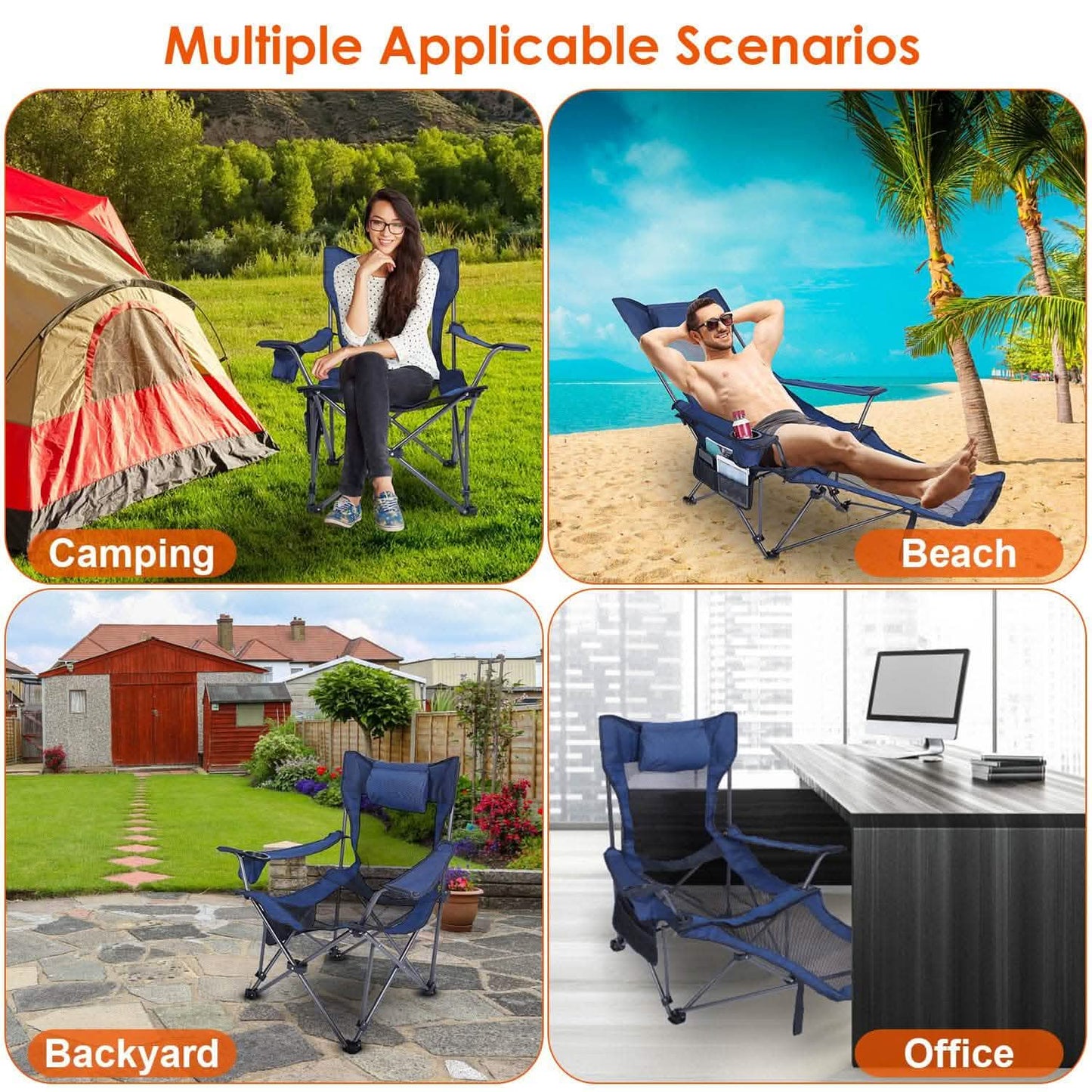 Reclining foldable camping chair with blue fabric seat and back, black steel frame