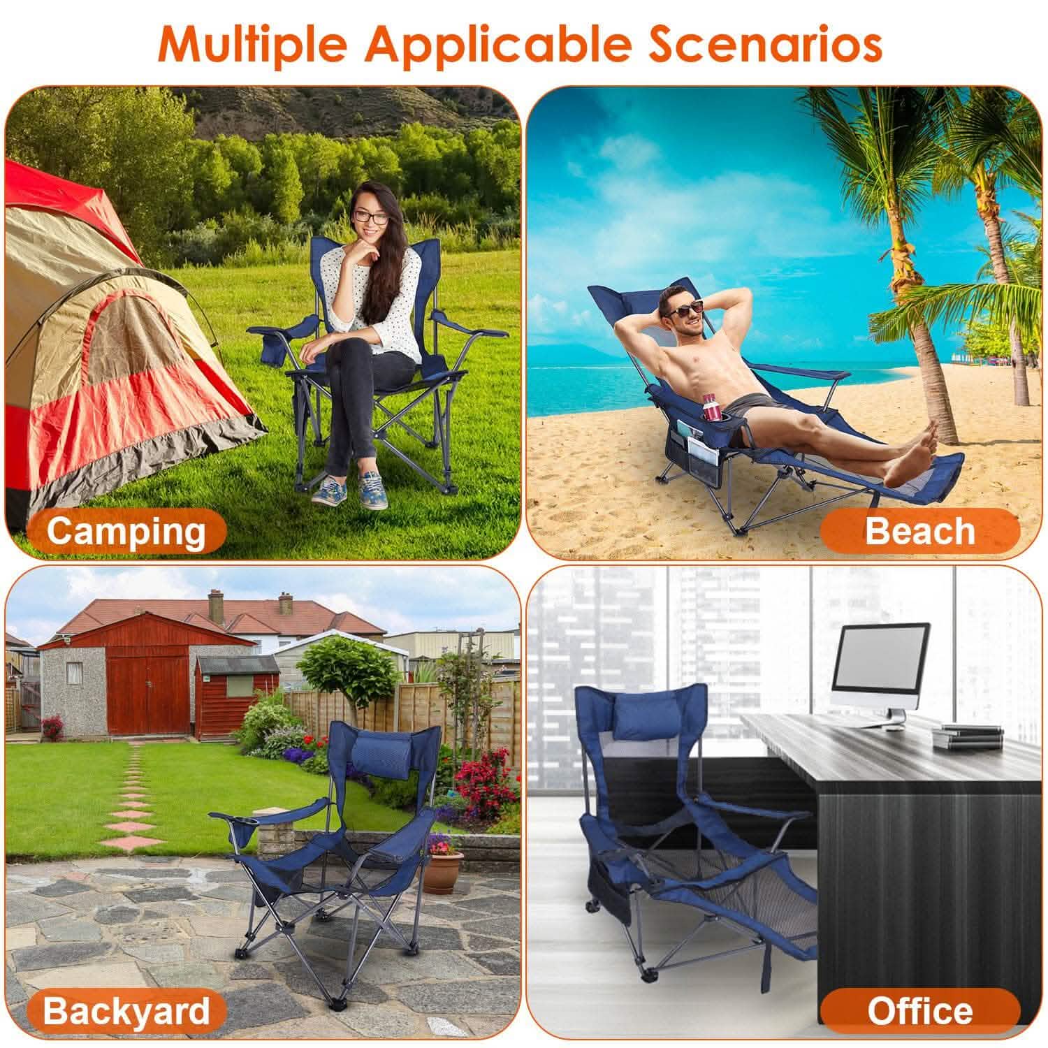 Reclining foldable camping chair with blue fabric seat and back, black steel frame