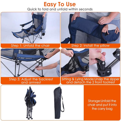 Folding blue camping chair with padded head pillow, compact steel frame and straps