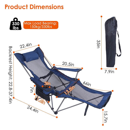 Blue folding camping chair with extended footrest, padded headrest and side armrests