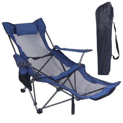 Blue folding camping chair with reclining backrest, padded headrest and armrests
