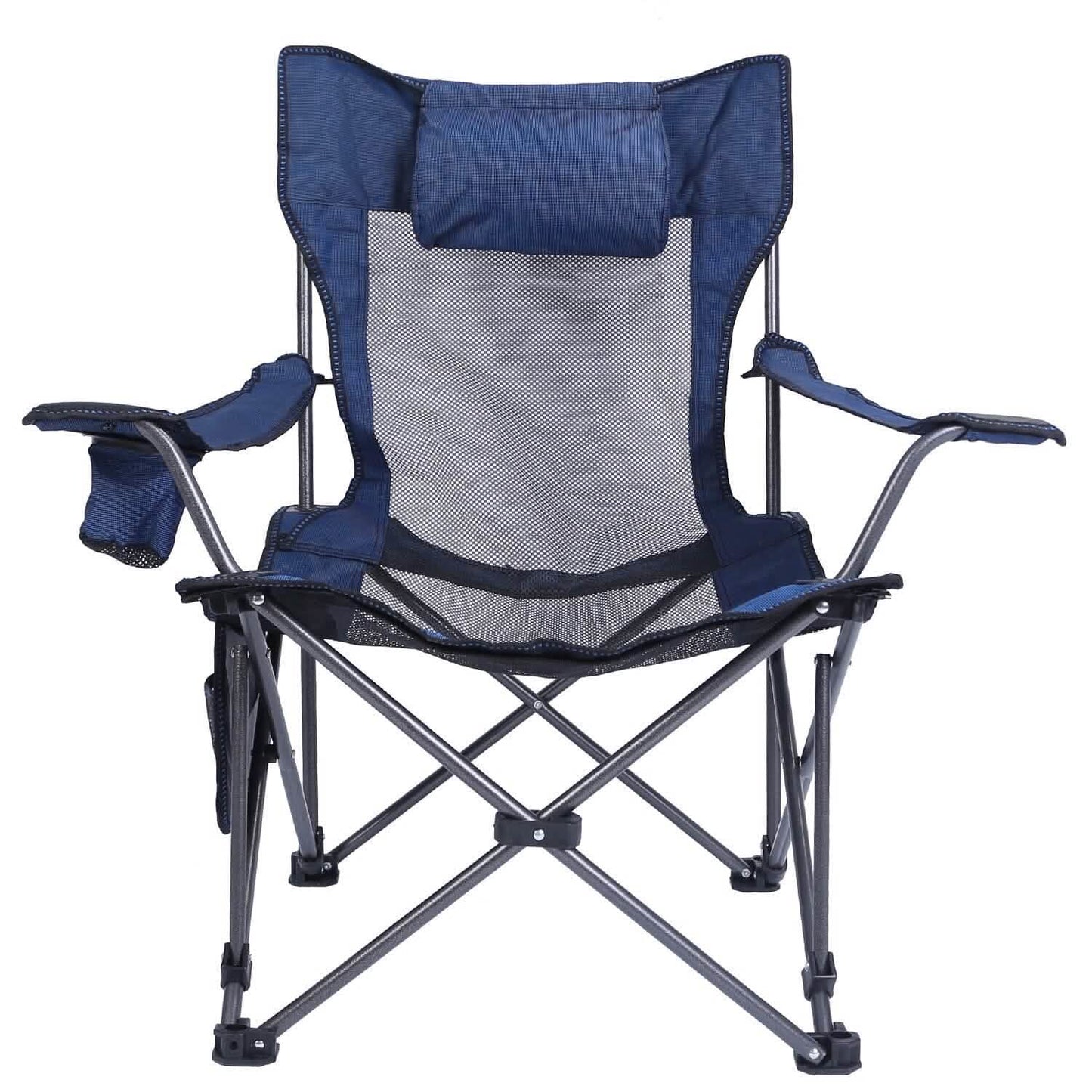 Blue folding camping chair with tall backrest, padded headrest and curved armrests