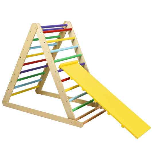 Foldable wooden climbing triangle ladder with multicolor rungs and yellow slide