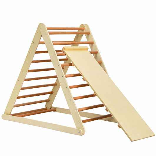 Natural wooden foldable climbing triangle with ladder rungs and attached slide ramp