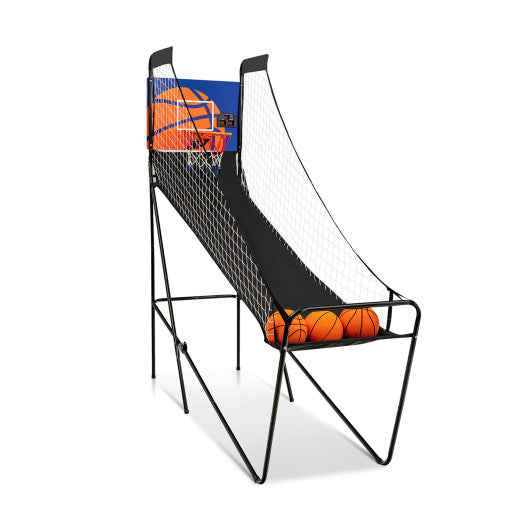 Foldable basketball arcade game with netted hoop, curved ramp, and orange basketballs