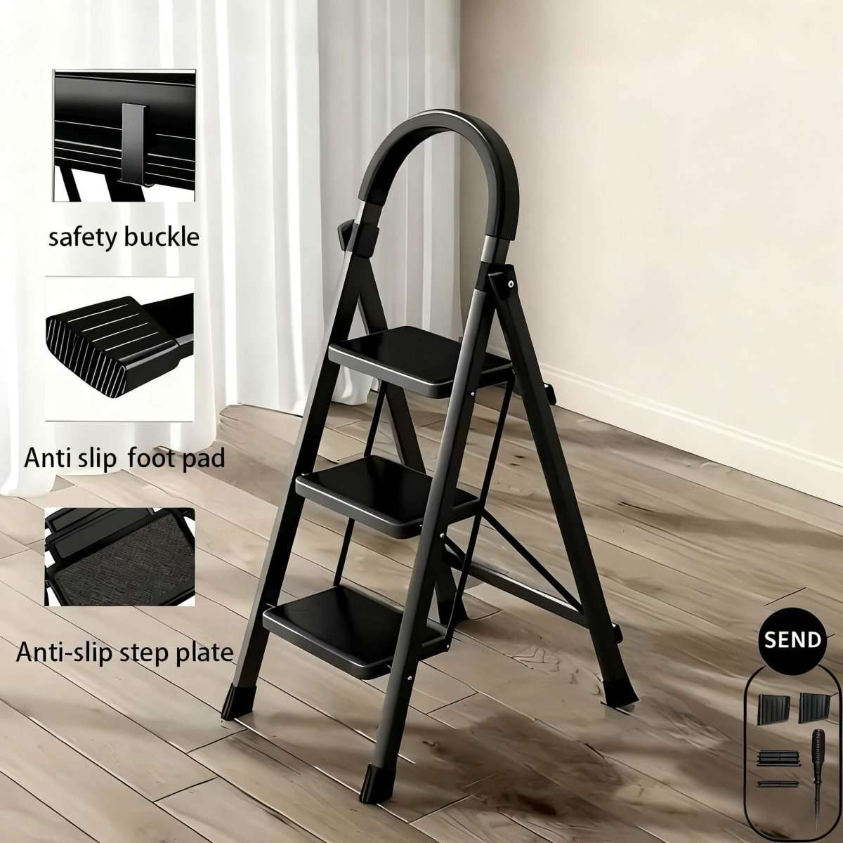 Folding 3/4-Step Ladder – Portable Steel Step Stool, Anti-Slip Cartsfy Inc.