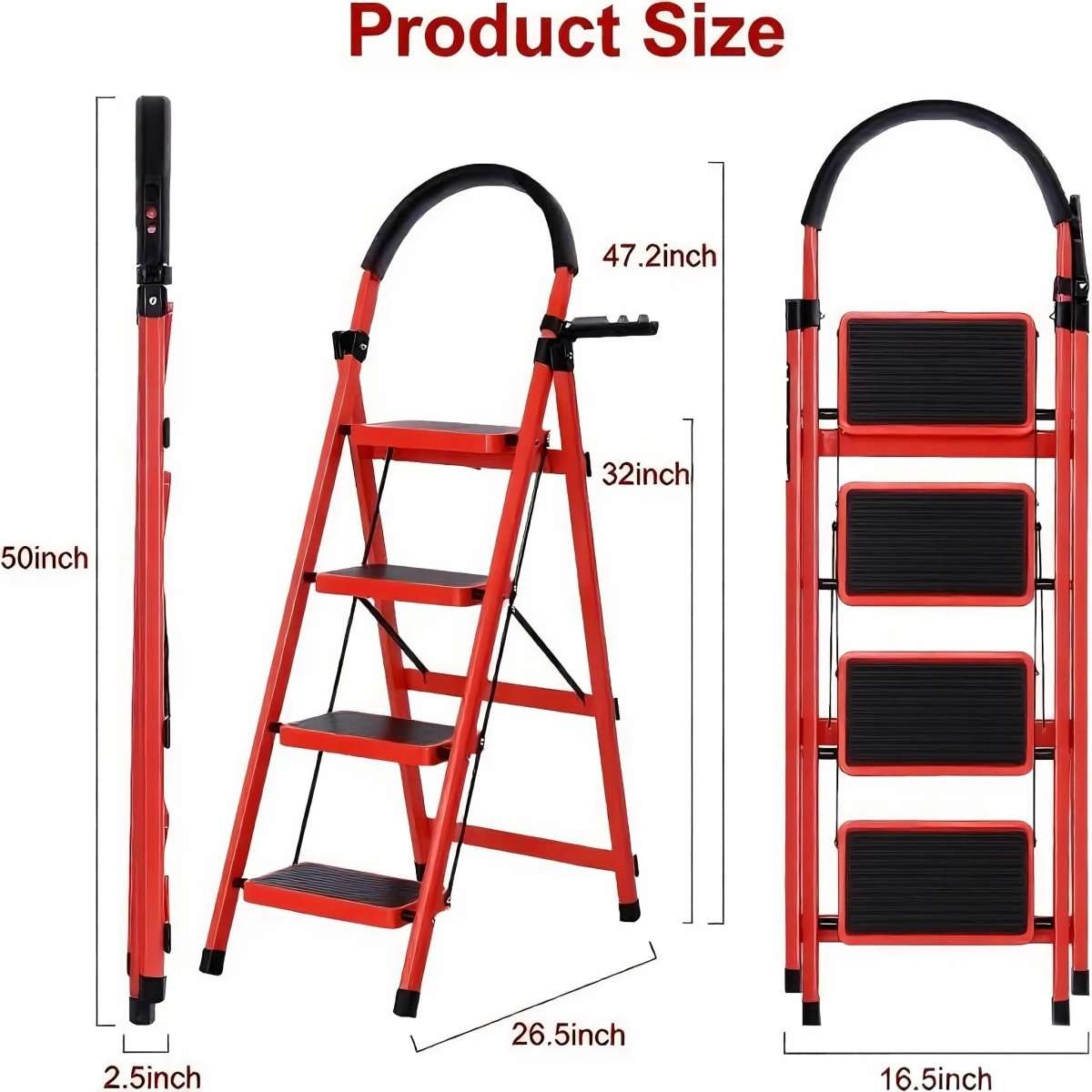 Folding 3/4-Step Ladder – Portable Steel Step Stool, Anti-Slip Cartsfy Inc.