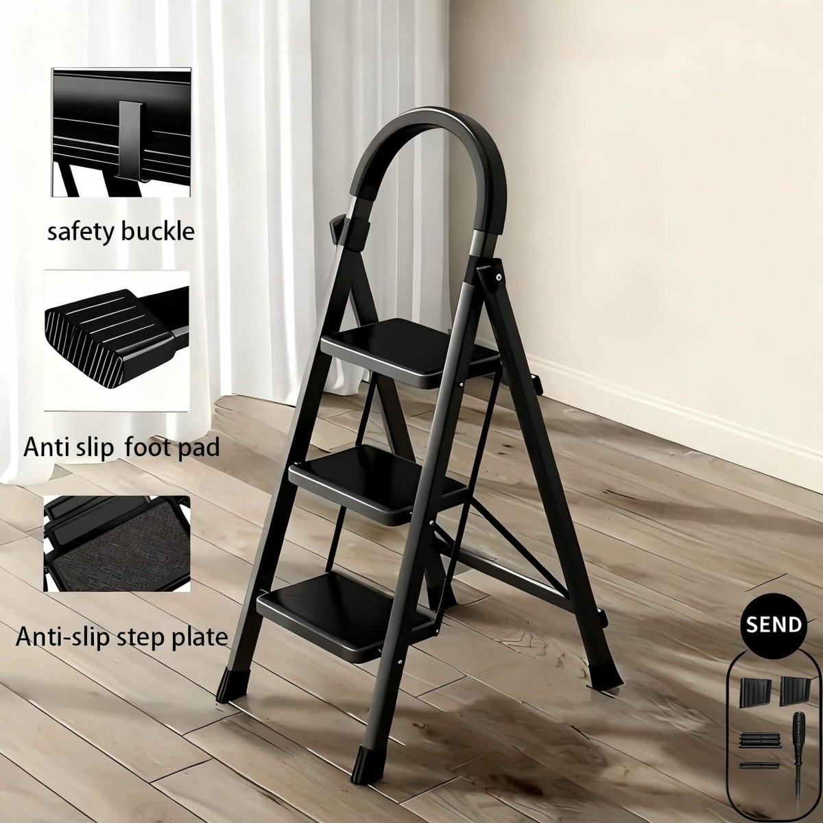 Folding 3/4 - Step Ladder – Portable Steel Step Stool, Anti - Slip - Cartsfy Inc.