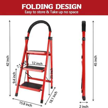 Folding 3/4 - Step Ladder – Portable Steel Step Stool, Anti - Slip - Cartsfy Inc.