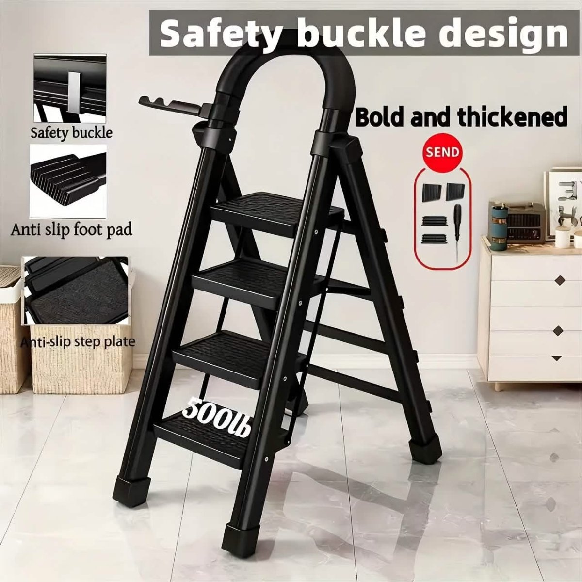 Folding 3/4 - Step Ladder – Portable Steel Step Stool, Anti - Slip - Cartsfy Inc.