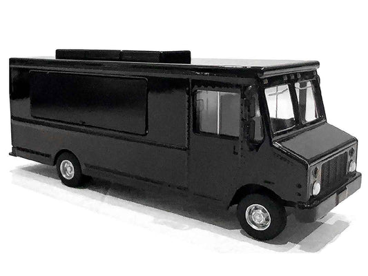 Black 1/64 diecast food truck model, side view, detailed grille and wheels, by American Diorama