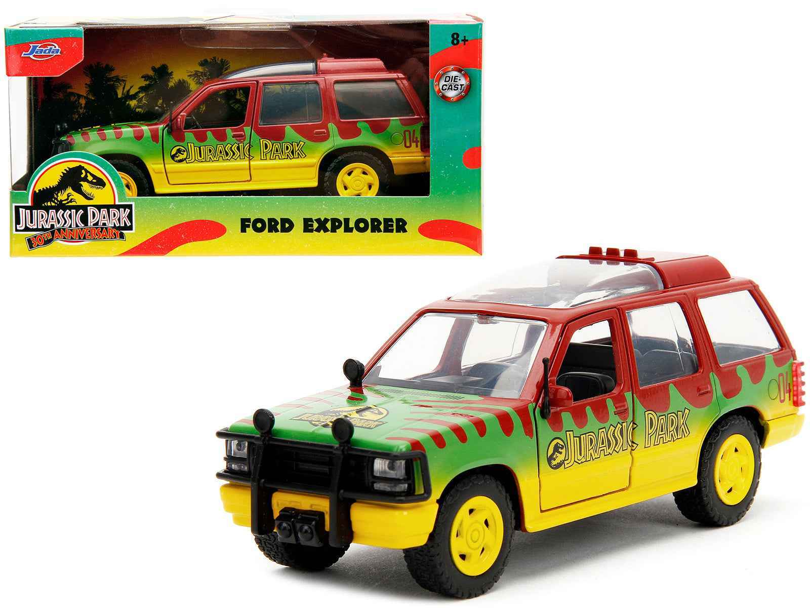 Ford Explorer Red and Yellow with Green Graphics "Jurassic Park" (1993) Movie 30th Anniversary "Hollywood Rides" Series 1/32 Diecast Model Car by Jada Cartsfy Inc.