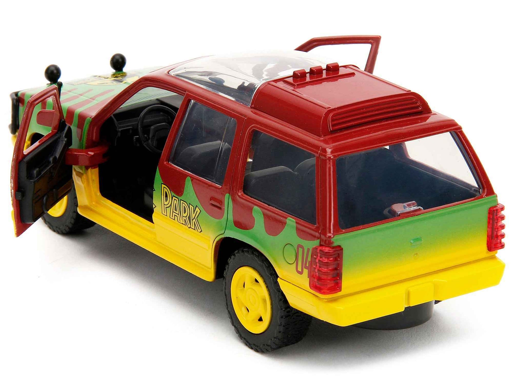 Ford Explorer Red and Yellow with Green Graphics "Jurassic Park" (1993) Movie 30th Anniversary "Hollywood Rides" Series 1/32 Diecast Model Car by Jada Cartsfy Inc.