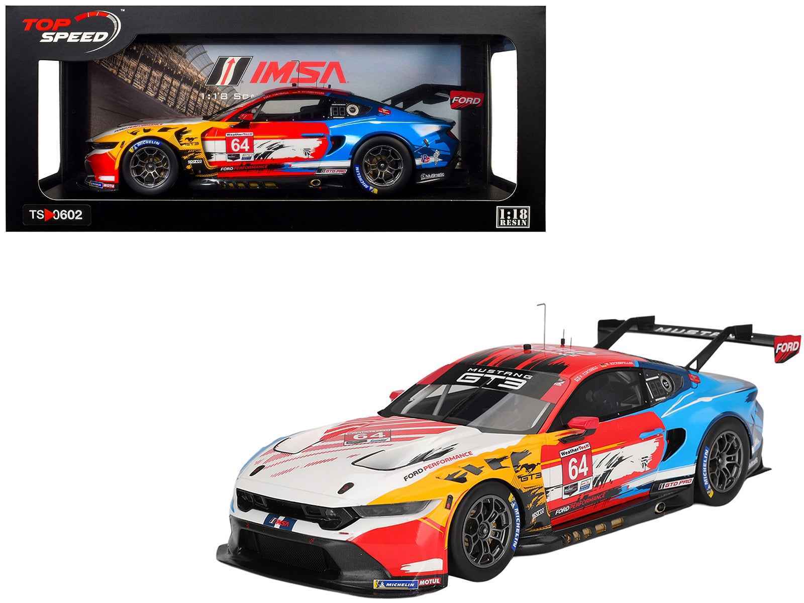 Ford Mustang GT3 #64 Mike Rockenfeller - Harry Tincknell "Ford Multimatic Motorsports" "Motul Course de Monterey - Laguna Seca" (2024) 1/18 Model Car by Top Speed Cartsfy Inc.