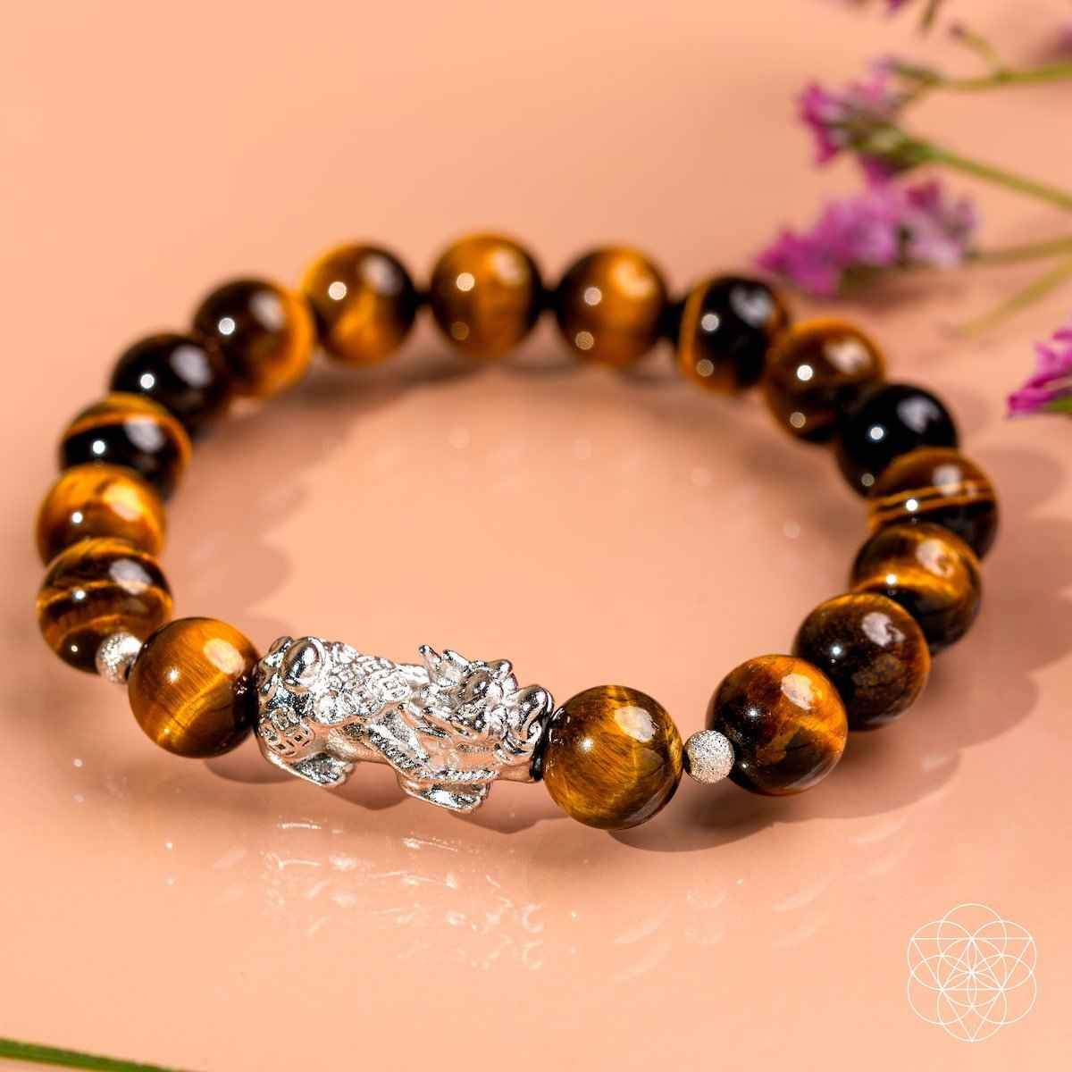 Tiger’s eye bead bracelet with silver Pixiu charm and brown-gold beads